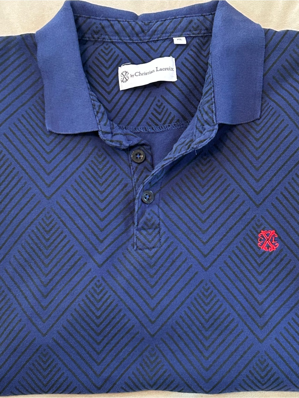 Christian Lacroix Mens XL Polo Shirt Blue Black Geometric Print Cotton Designer